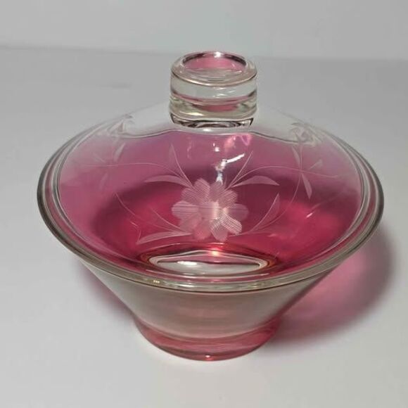 Cranberry Glass Candy Dish Etched Vintage - Picture 2 of 7